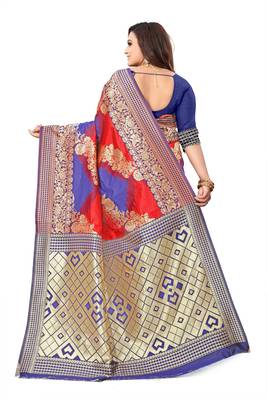 Red woven banarasi silk saree with blouse 3