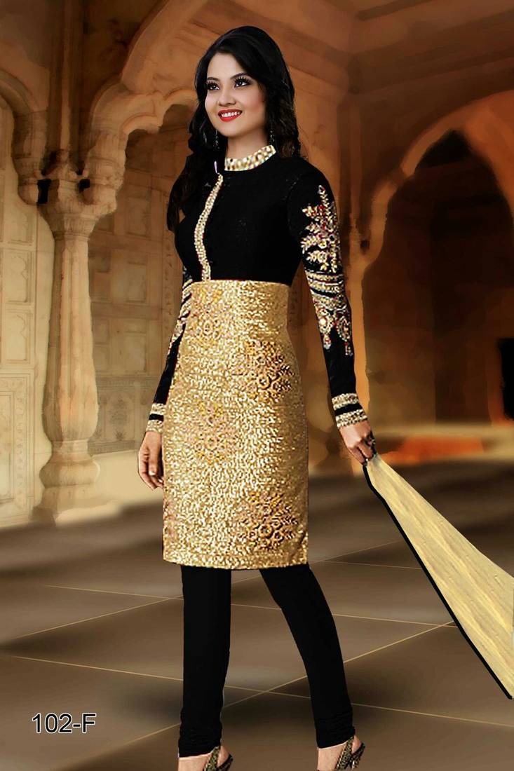 Golden and Black embroidered Velvet unstitched salwar with dupatta