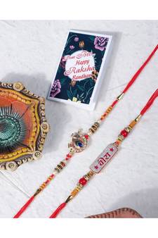 Set of 2 Handmade Rakhi with Raksha Bandhan Greeting Card Roli and Mishri