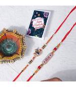 Set of 2 Handmade Rakhi with Raksha Bandhan Greeting Card Roli and Mishri