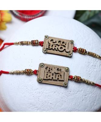 Latest Rakhi Design Set of 2 wooden with Greeting Card Roli Chawal Chandan and Mishri 1