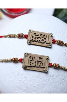 Latest Rakhi Design Set of 2 wooden with Greeting Card Roli Chawal Chandan and Mishri