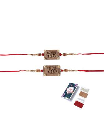 Latest Rakhi Design Set of 2 wooden with Greeting Card Roli Chawal Chandan and Mishri 2