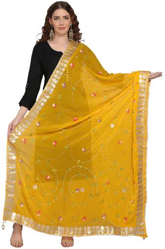 Yellow Goergette Hand Paint Gota Patti Work Dupatta