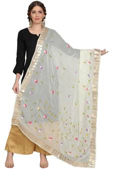 Cream Goergette Hand Paint Gota Patti Work Dupatta