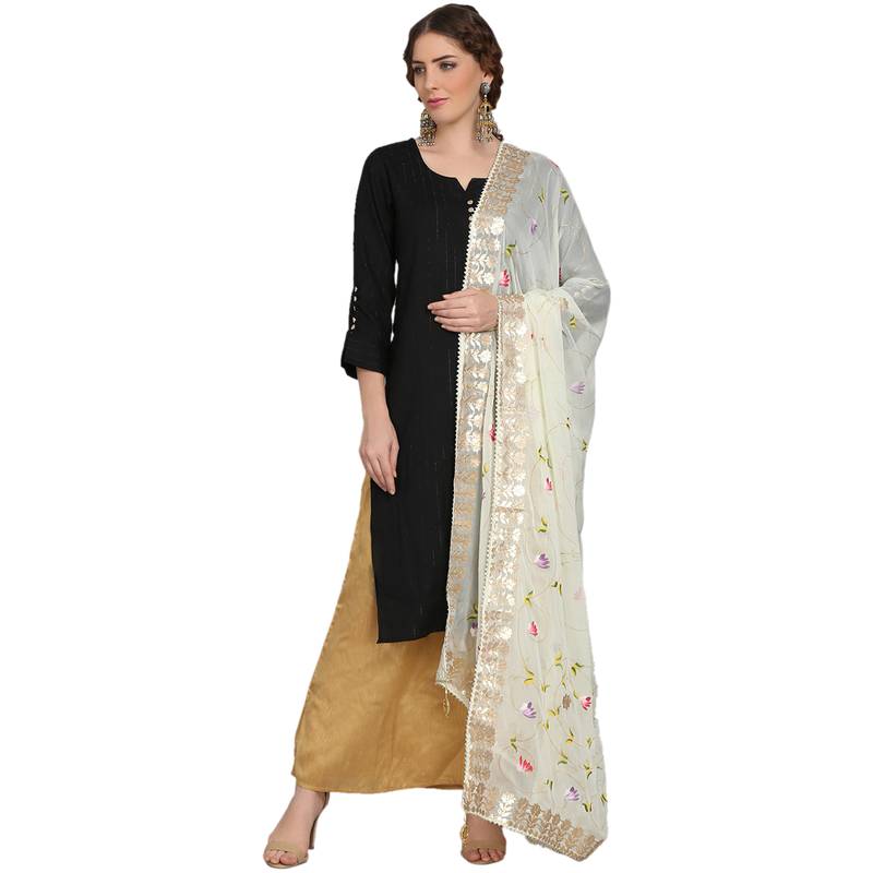 Cream Goergette Hand Paint Gota Patti Work Dupatta