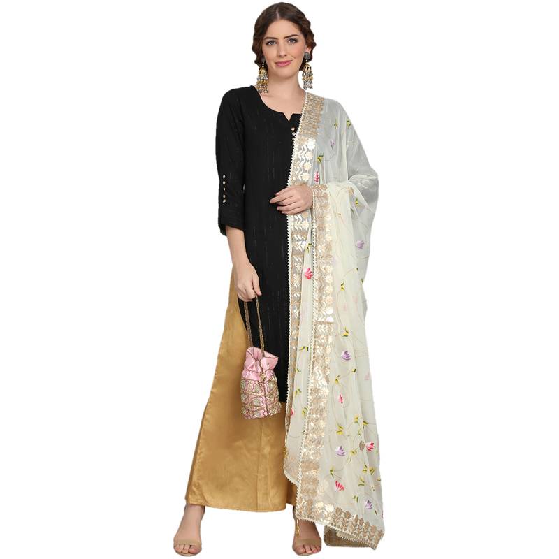 Cream Goergette Hand Paint Gota Patti Work Dupatta