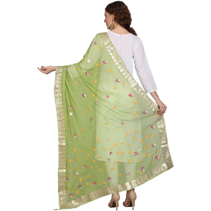 Olive Green Goergette Hand Paint Gota Patti Work Dupatta