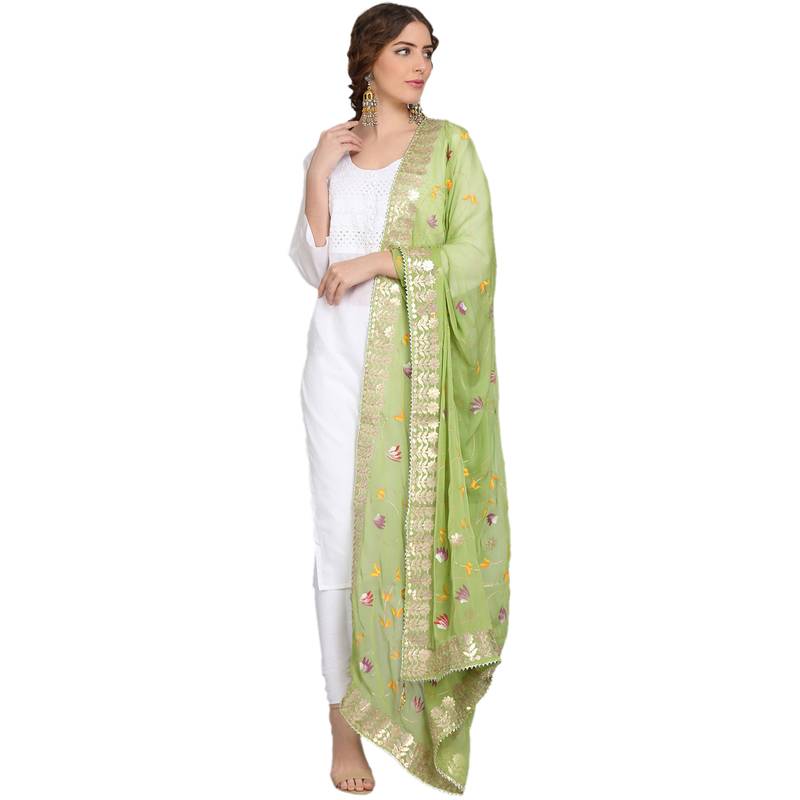 Olive Green Goergette Hand Paint Gota Patti Work Dupatta