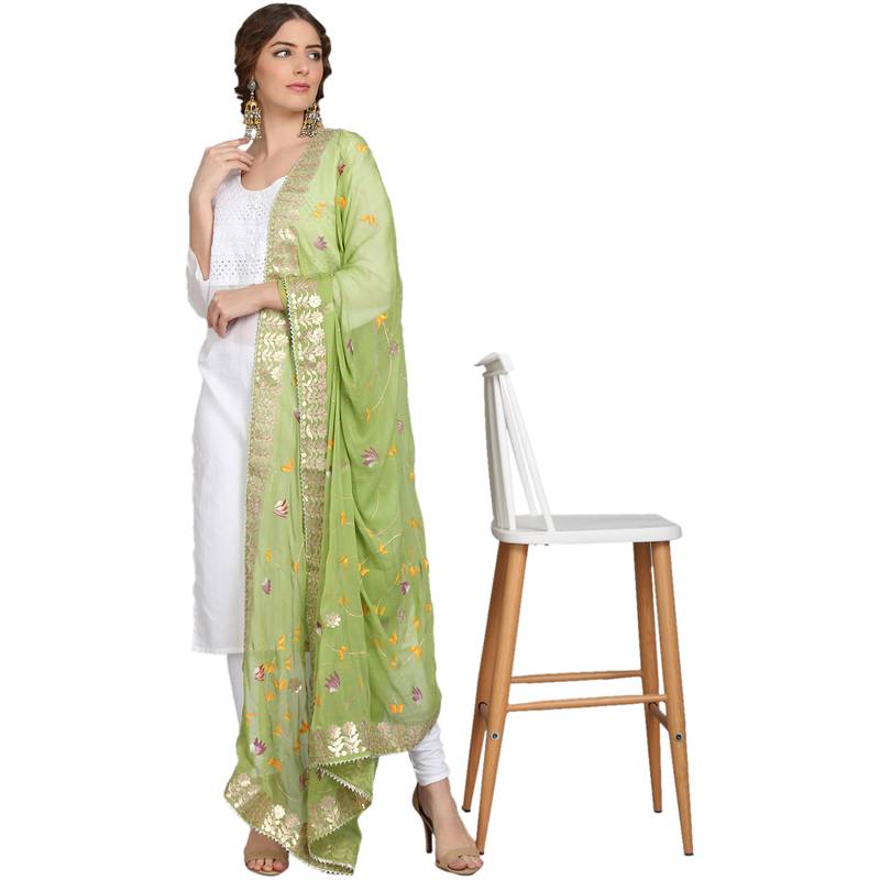 Olive Green Goergette Hand Paint Gota Patti Work Dupatta