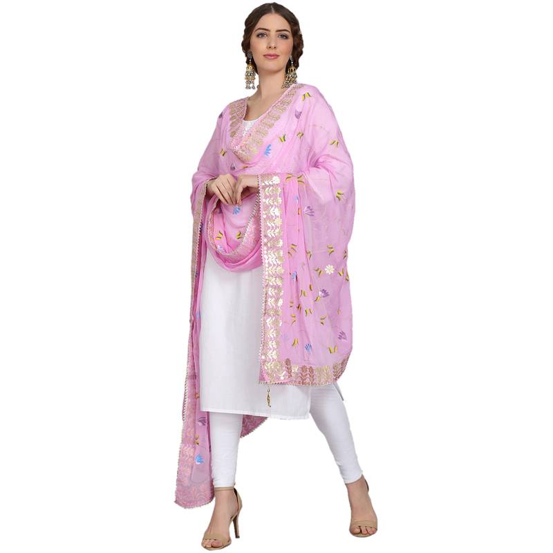 Baby Pink Goergette Hand Paint Gota Patti Work Dupatta