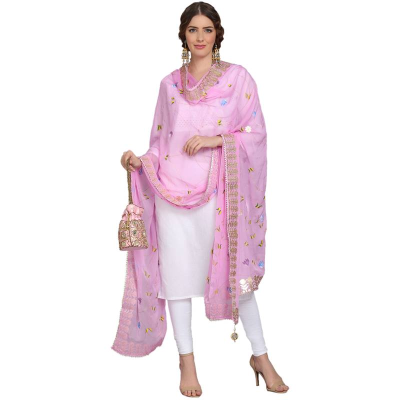Baby Pink Goergette Hand Paint Gota Patti Work Dupatta