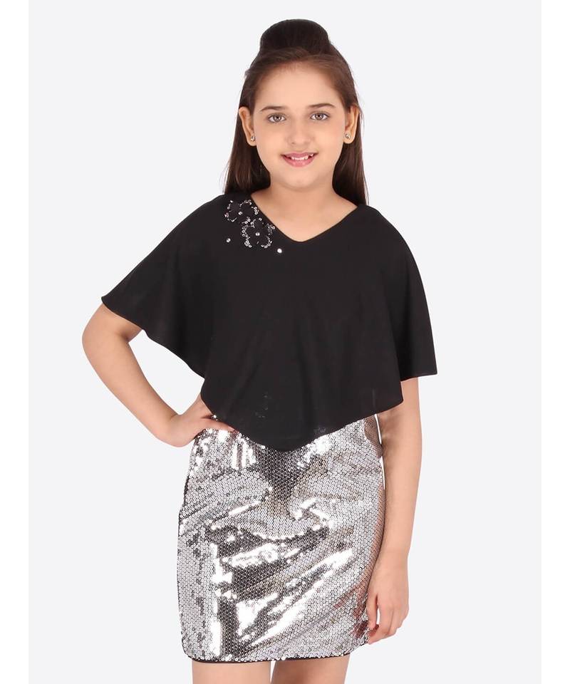 Black & Silver Toned Sequined Georgette Sheath Dress