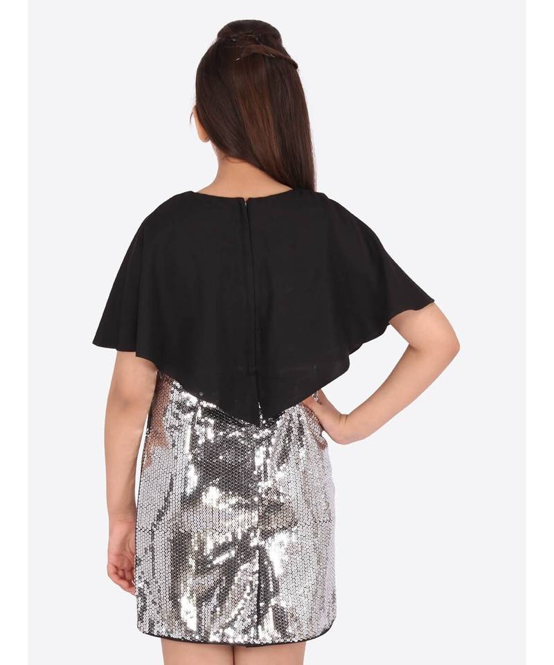 Black & Silver Toned Sequined Georgette Sheath Dress