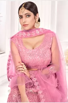 Pink embroidered net semi stitched lehenga
