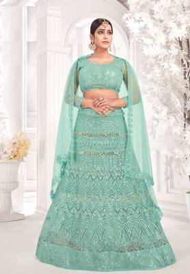 Sea-green embroidered net  lehenga 1