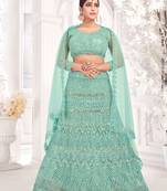 Sea-green embroidered net semi stitched lehenga