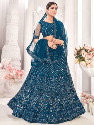Teal embroidered net  lehenga 1