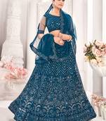 Teal embroidered net semi stitched lehenga
