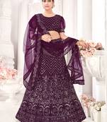 Wine embroidered net semi stitched lehenga