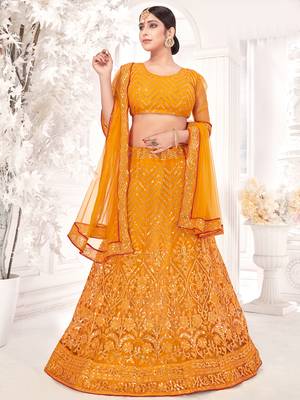 Gold embroidered net semi stitched lehenga 1