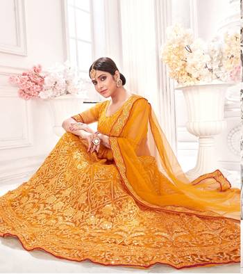 Gold embroidered net semi stitched lehenga 4