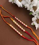(Rakhi Set of 3) Simple White Pearl Rakhi With Red/Yellow Mauli Thread For Raksha Bamdhan