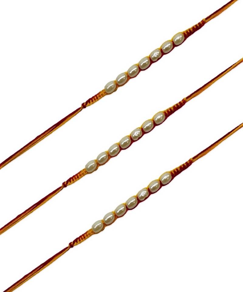 (Rakhi Set of 3) Simple White Pearl Rakhi With Red/Yellow Mauli Thread For Raksha Bamdhan