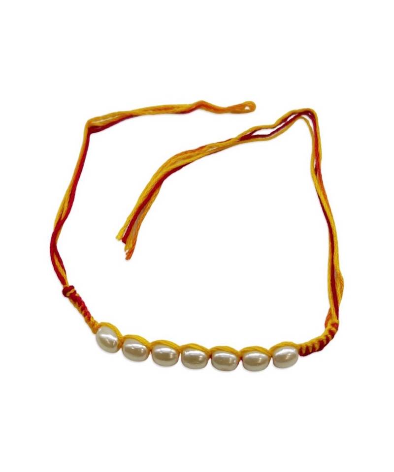 (Rakhi Set of 3) Simple White Pearl Rakhi With Red/Yellow Mauli Thread For Raksha Bamdhan