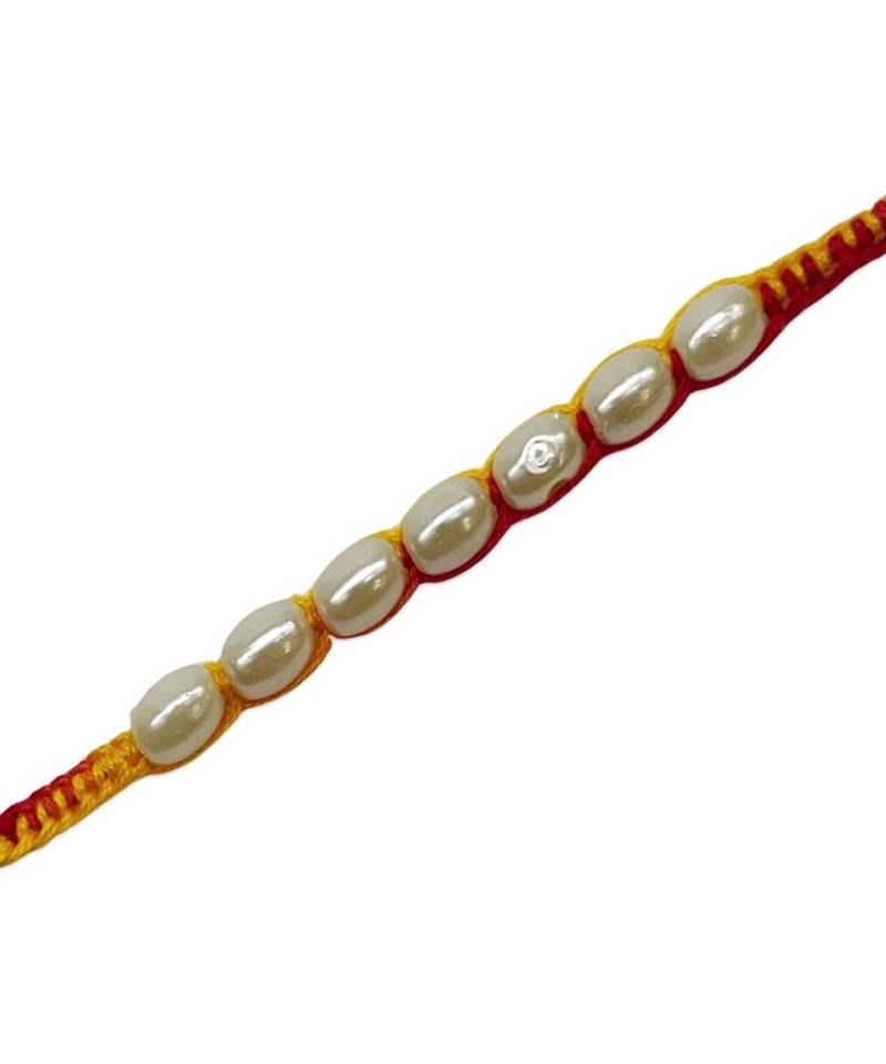 (Rakhi Set of 3) Simple White Pearl Rakhi With Red/Yellow Mauli Thread For Raksha Bamdhan
