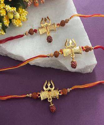 (Combo of 3) Unique Rudraksha Rakhi Trishul With Chandan Beads Mauli Thread Rakhi For Raksha Bandhan 1
