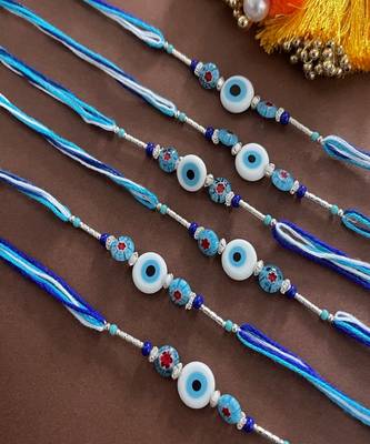(Combo of 6) Beautiful White Evil Eye Rakhi With Beads multicolour Thread Rakhi For Raksha Bandhan 1