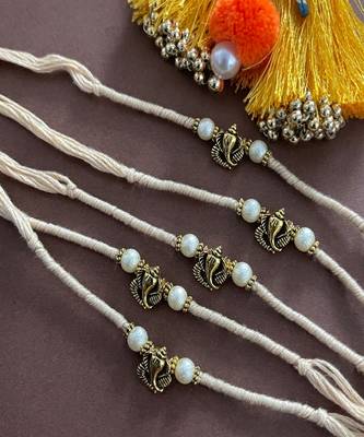 (Rakhi Set of 5) Designer Rakhi With Ganesha And Pearls Cream Color Thread Rakhi For Raksha Bandhan 1