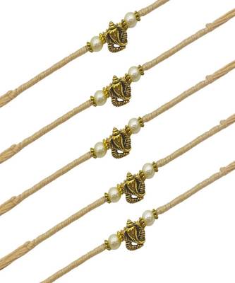 (Rakhi Set of 5) Designer Rakhi With Ganesha And Pearls Cream Color Thread Rakhi For Raksha Bandhan 2