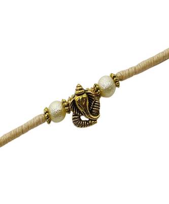 (Rakhi Set of 5) Designer Rakhi With Ganesha And Pearls Cream Color Thread Rakhi For Raksha Bandhan 5