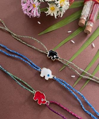 (Combo of 3) Designer Rakhi White/Red/Black Elephant Evil Eye Charm With multicolour Thread Rakhi 1