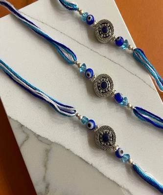 (Rakhi Set of 3) Beautiful Designer Tibetan Rakhi With Blue Evil Eye & Crystal Beads Thread Rakhi 1