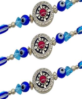 (Rakhi Set of 3) Beautiful Designer Tibetan Rakhi With Blue Evil Eye & Crystal Beads Thread Rakhi 2