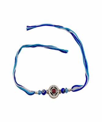 (Rakhi Set of 3) Beautiful Designer Tibetan Rakhi With Blue Evil Eye & Crystal Beads Thread Rakhi 3