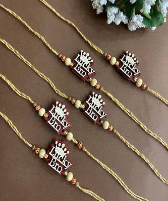 (Combo of 5) Unique Lucky Bro MDF Wooden Rakhi With Beads multicolour Thread Rakhi For Raksha Bandhan 1