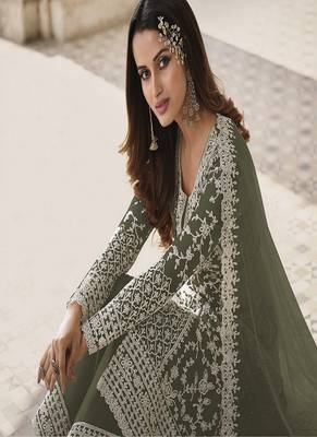Green Color Net Fabric Salwar Suit In Net Fabric With Embroidery As 2