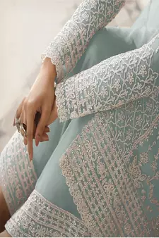 Net Zari Embroidered Sky Blue Salwar Suit