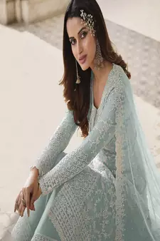 Net Zari Embroidered Sky Blue Salwar Suit