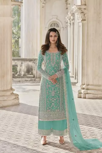 Green Color Designer Fancy Net Fabric Salwar Suit In Net Fabric With Embroidery As Semi Stitched