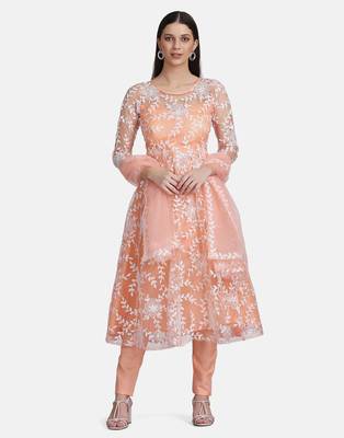 Peach Net Embroidery Work Anarkali Suit With Dupatta For Women  1