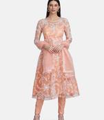 Peach Net Embroidery Work Anarkali Suit With Dupatta For Women 