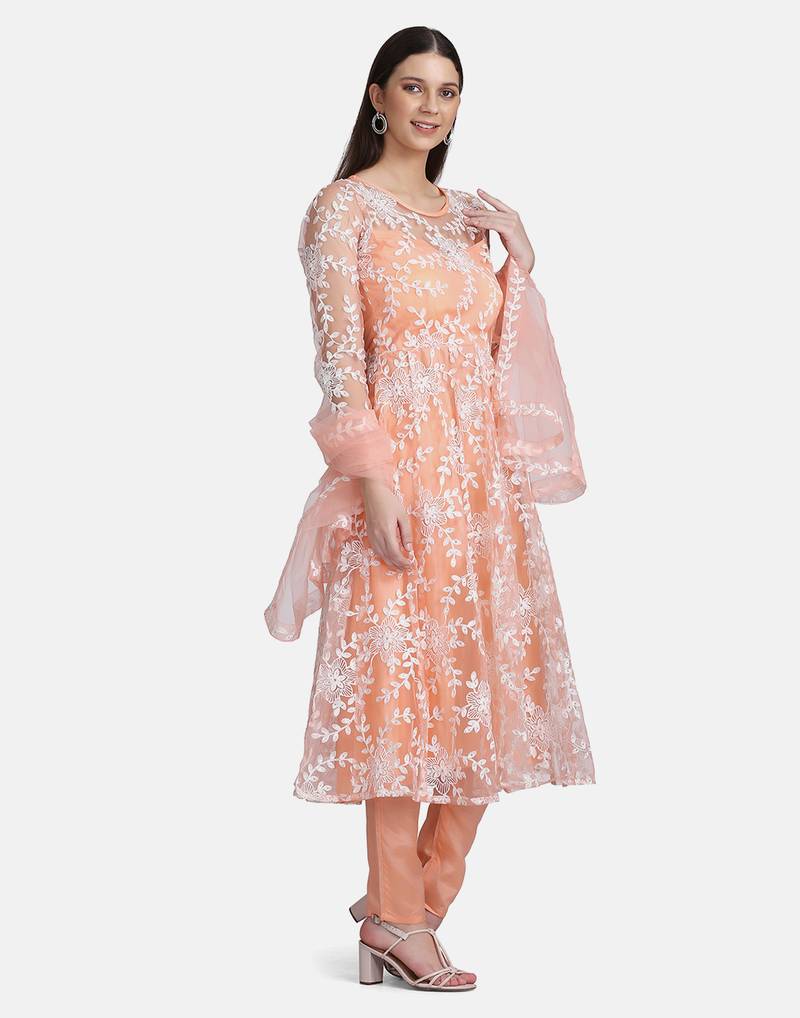 Peach Net Embroidery Work Anarkali Suit With Dupatta For Women 