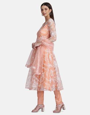 Peach Net Embroidery Work Anarkali Suit With Dupatta For Women  3