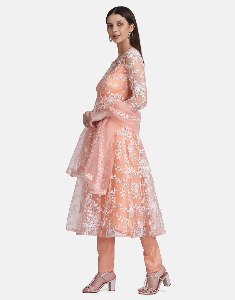 Peach Net Embroidery Work Anarkali Suit With Dupatta For Women 