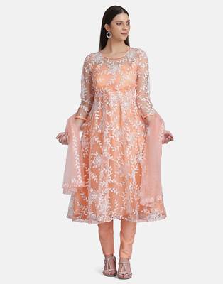 Peach Net Embroidery Work Anarkali Suit With Dupatta For Women  4